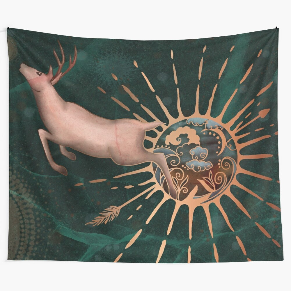 Celestial tapestry featuring deer, elk, and cosmic elements