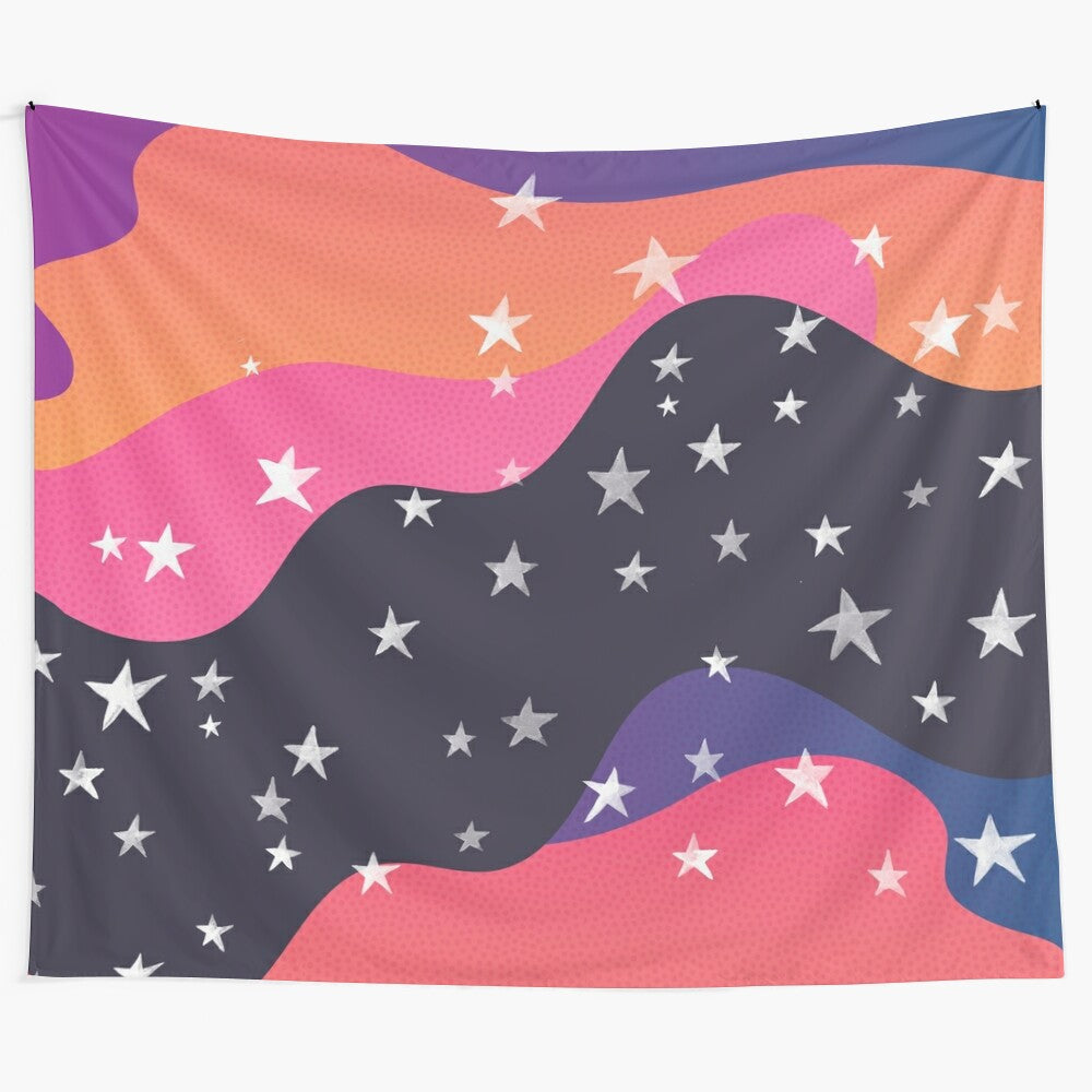 Deconstructed sunset tapestry with night sky, stars, and cosmic elements