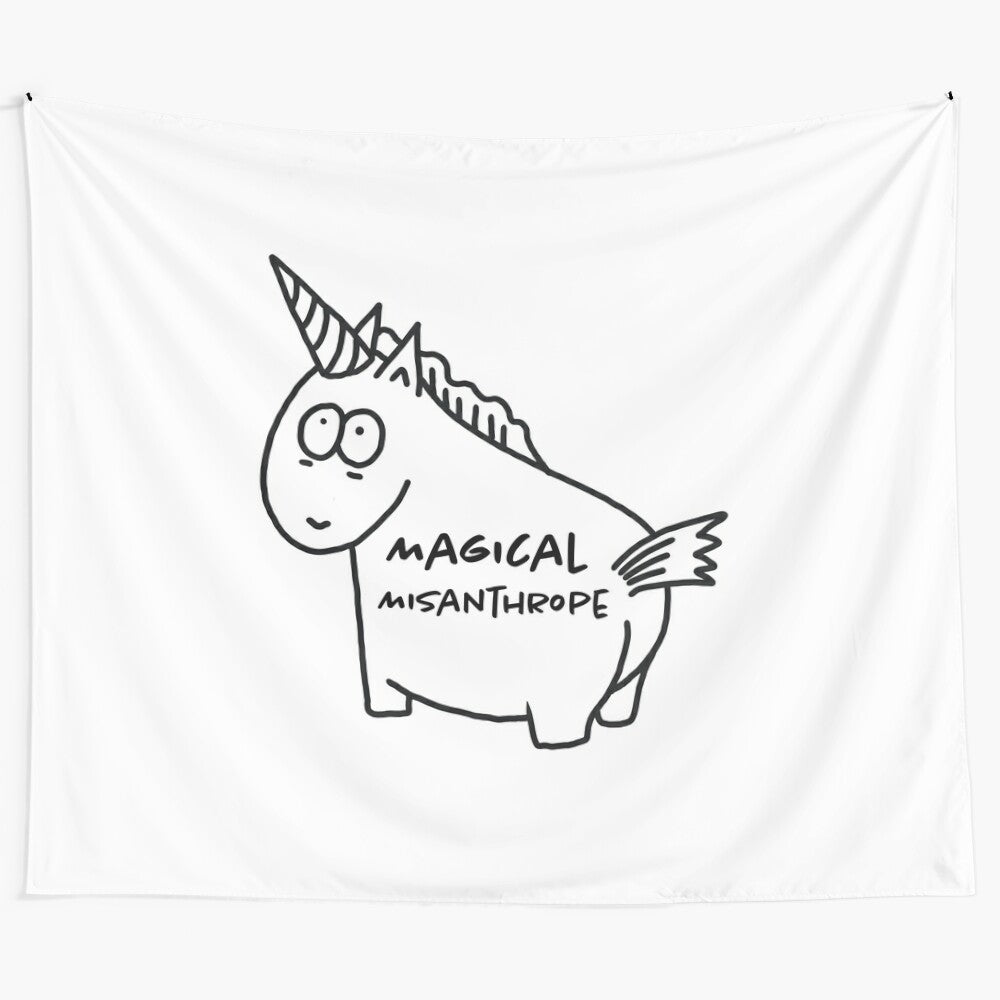 Magical misanthrope unicorn tapestry with quirky, sarcastic design