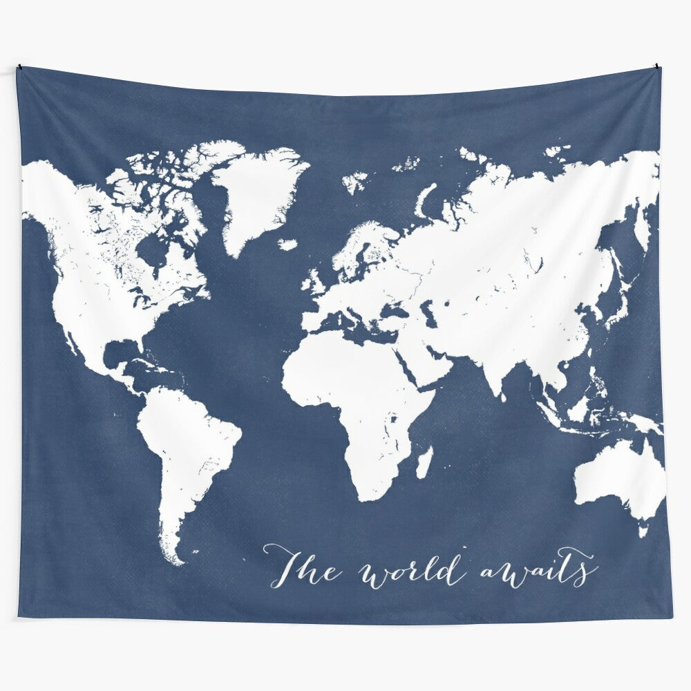 Vintage-style distressed world map tapestry wall art with inspirational quote