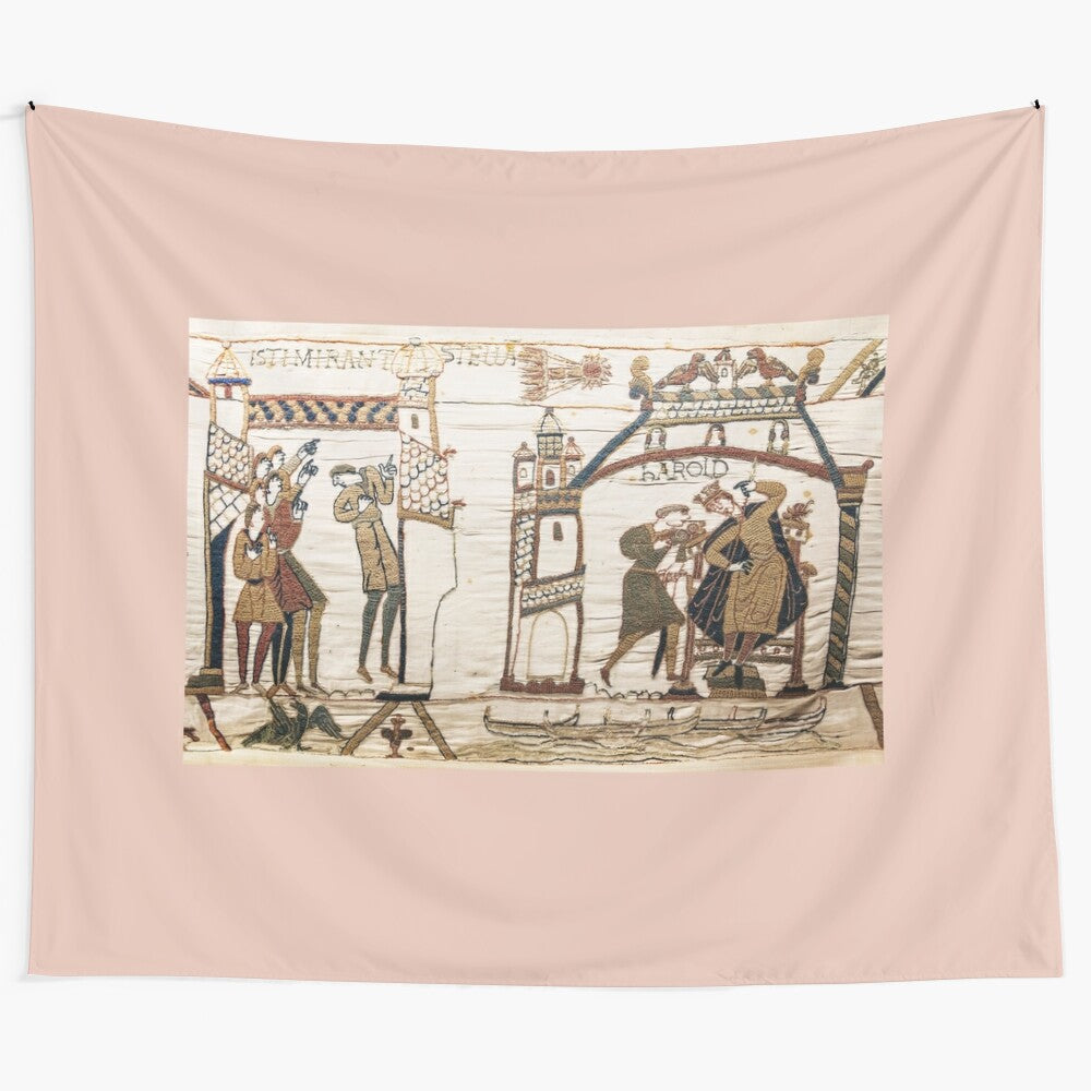 Vintage medieval tapestry inspired by the Bayeux Tapestry and Halley's Comet of 1066