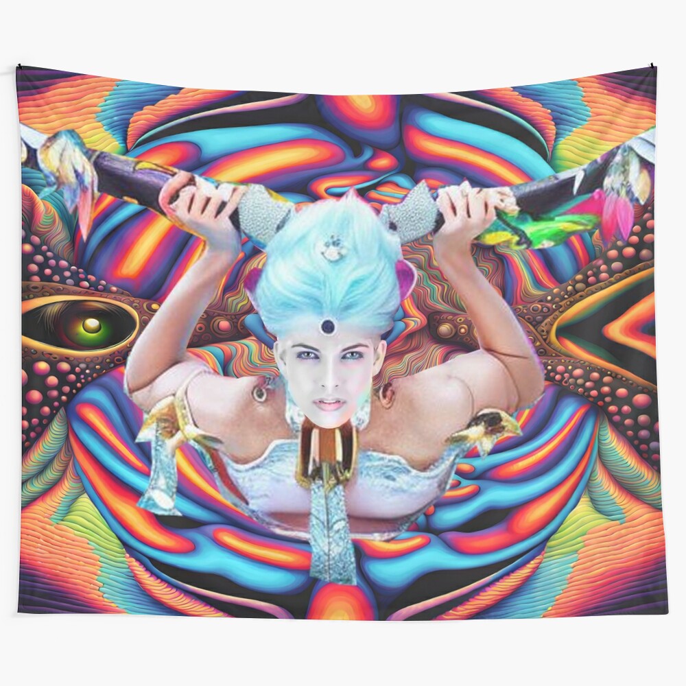 Psychedelic tapestry featuring an astral plane design with vibrant colors and cosmic patterns