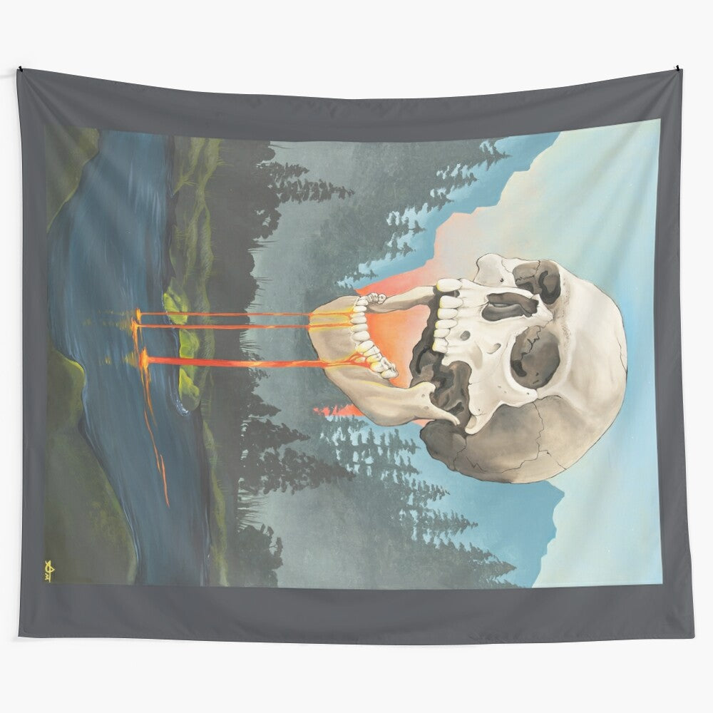 Gravity Falls-inspired tapestry featuring a spacescape with skulls, trees, mountains, and a flowing river