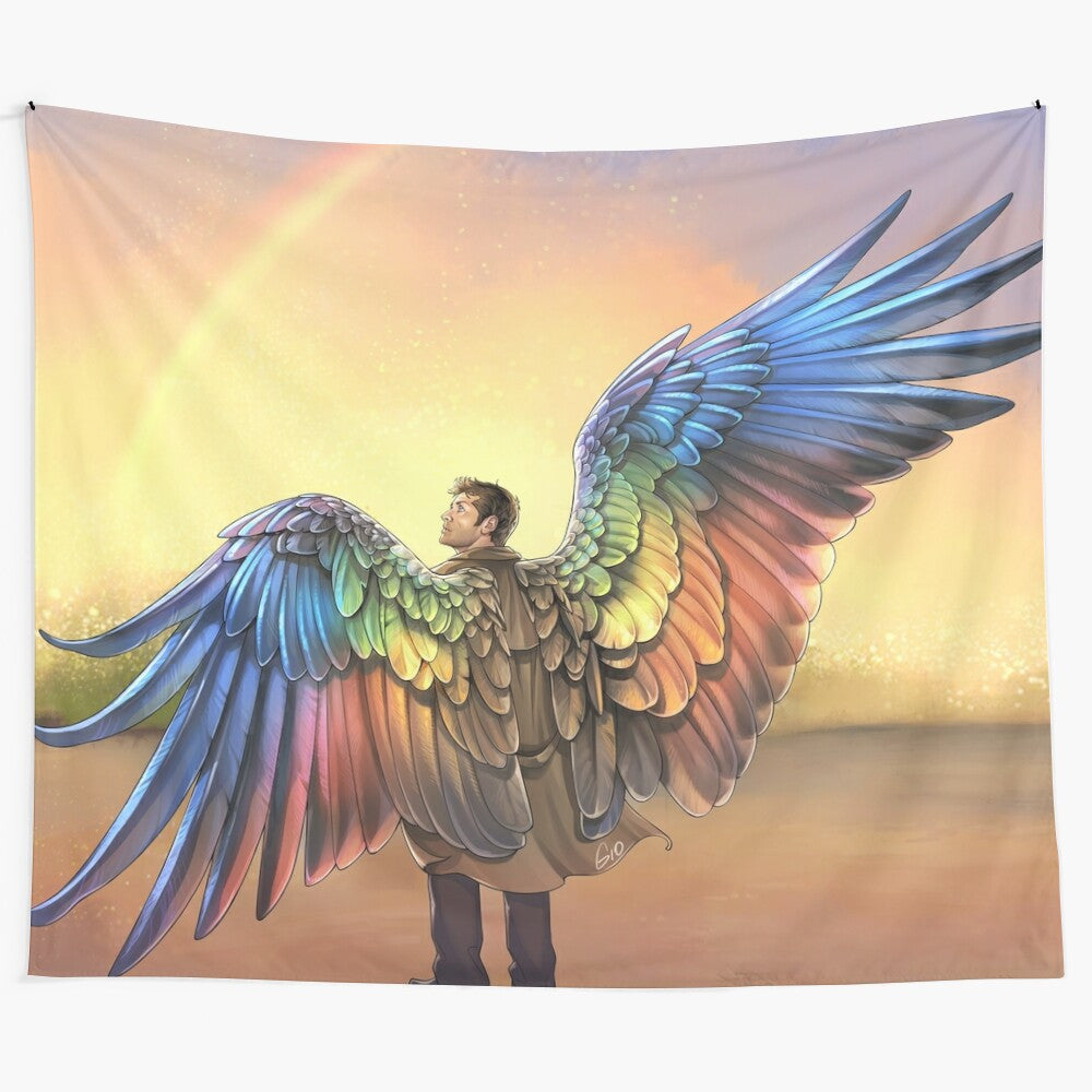 Colorful tapestry featuring a majestic angel with rainbow wings