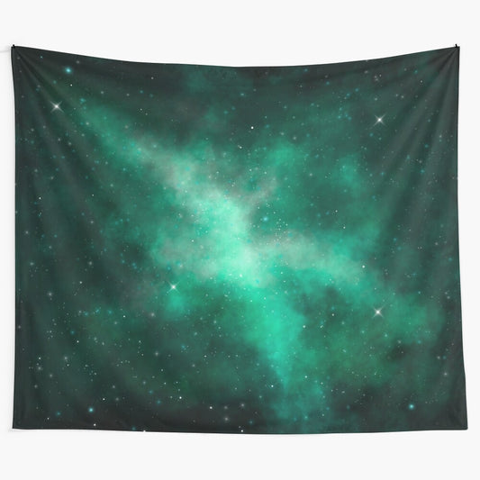 Green galaxy tapestry with stars and celestial elements