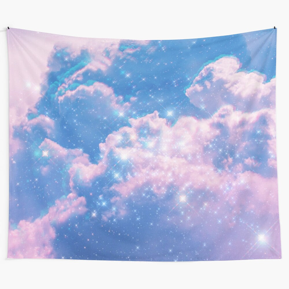 Dreamy, ethereal tapestry featuring a glitch effect with clouds, stars, and a pastel color palette