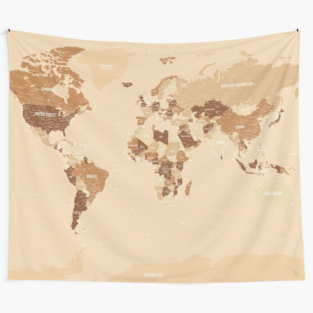 Vintage-style world map tapestry with a colorful, antique-inspired design