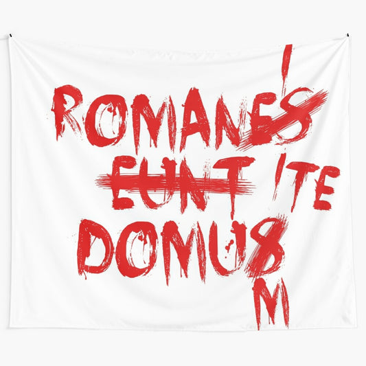 "Romans Go Home" corrected graffiti tapestry featuring ancient Roman imagery and Latin text