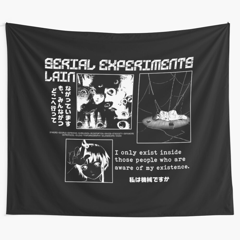 Cyberpunk-inspired tapestry featuring the character Lain Iwakura from the anime Serial Experiments Lain