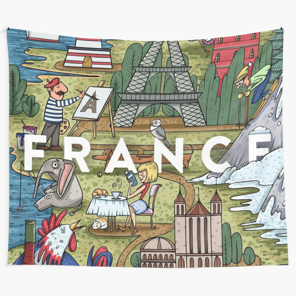 Funny hand-drawn cartoon map of France with popular landmarks and tourist attractions