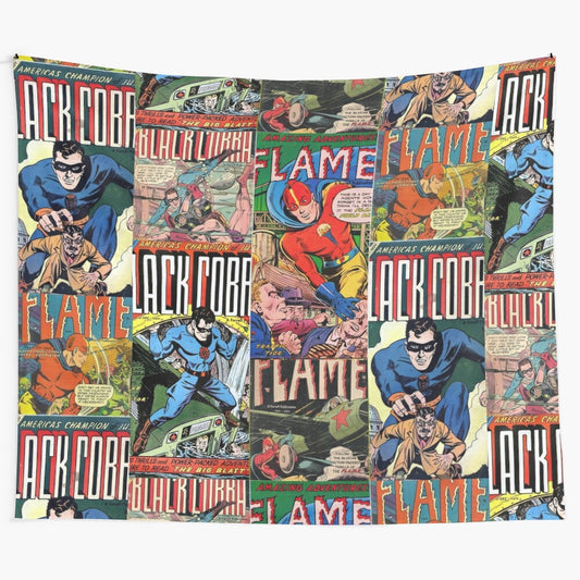 Vintage-inspired superhero comics tapestry featuring a montage of classic and antique comic book characters