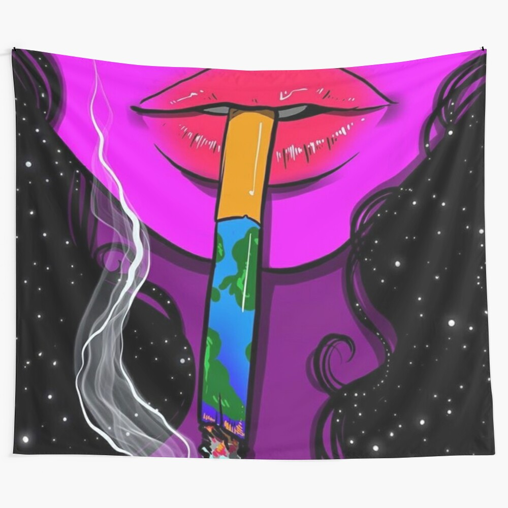 Vibrant psychedelic tapestry featuring a smoker figure against an abstract cosmic background