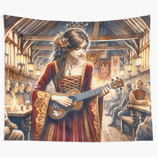 A tapestry depicting a bard playing a ukulele in a fantasy medieval inn