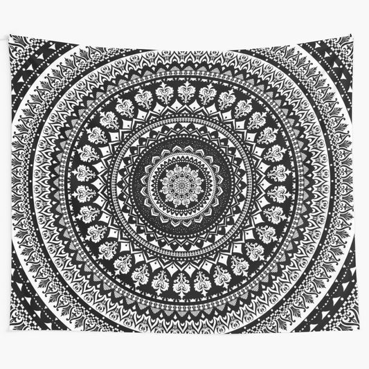 Monochrome mandala tapestry with celestial and tribal design elements