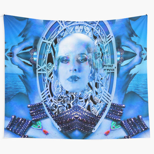 Clockwork blue tapestry with abstract and surreal patterns