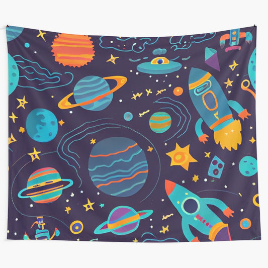 Colorful abstract digital art tapestry featuring cute kids space drawing design