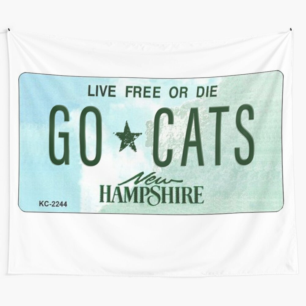 License plate tapestry featuring the New Hampshire "Live Free or Die" slogan and college sports team logos