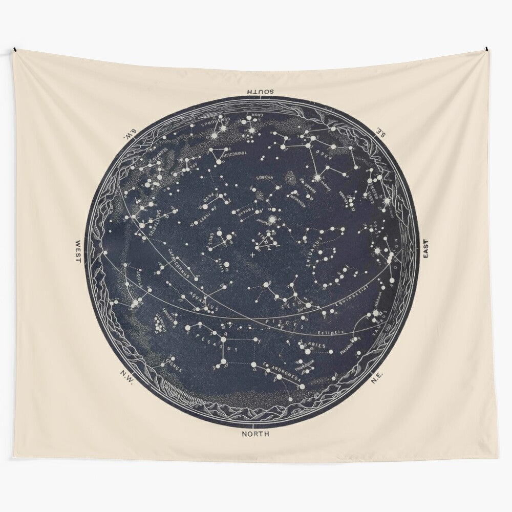 Vintage 19th century astronomy tapestry depicting a celestial night sky map