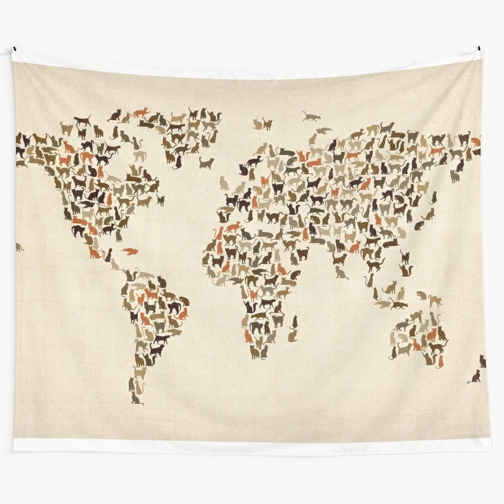 Whimsical cats world map tapestry wall art