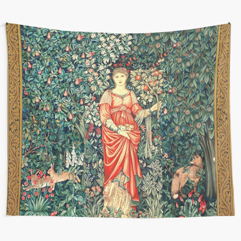 Pomona goddess of abundance holding fruits in greenery, forest animals in mythological floral tapestry