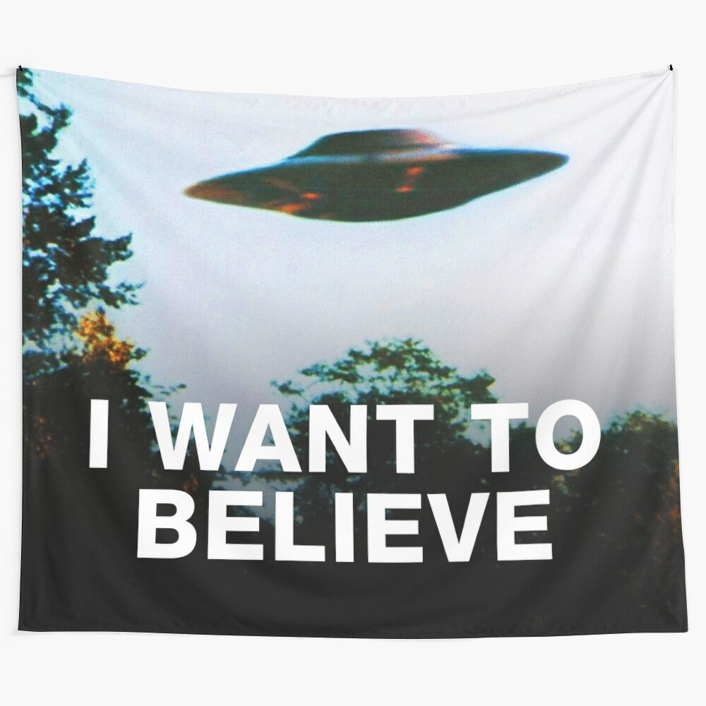 Vintage-style The X-Files inspired tapestry wall hanging with "I want to believe" design