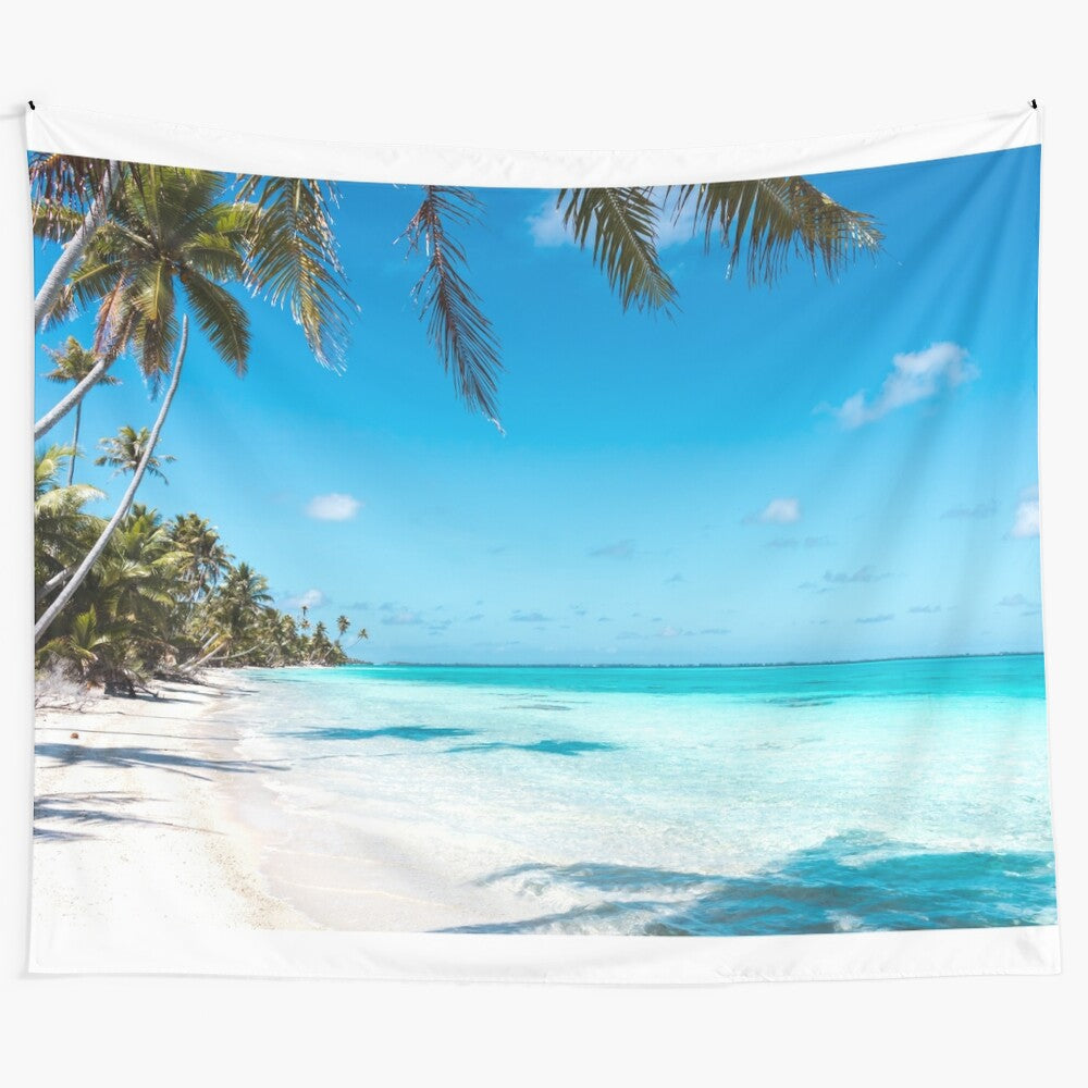 Paradise beach tapestry featuring a beautiful landscape with blue ocean, white sand, palm trees, and mountains