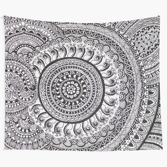 Mandala tapestry wall hanging with a black and white doodle pattern design