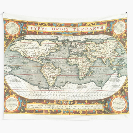 Vintage world map tapestry featuring Typus Orbis Terrarum (1587–1595) by Abraham Ortelius