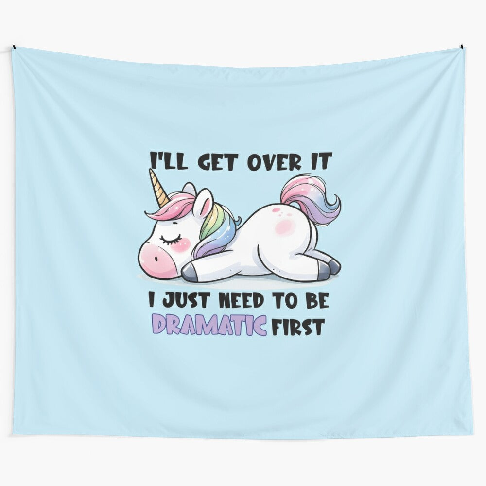 Vibrant tapestry featuring a comically offended unicorn against a colorful rainbow background