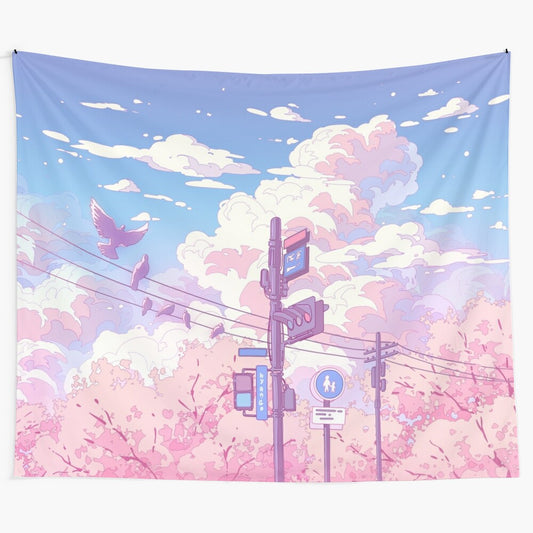 Beautiful tapestry depicting a dreamy skyline, traffic lights, and pigeons