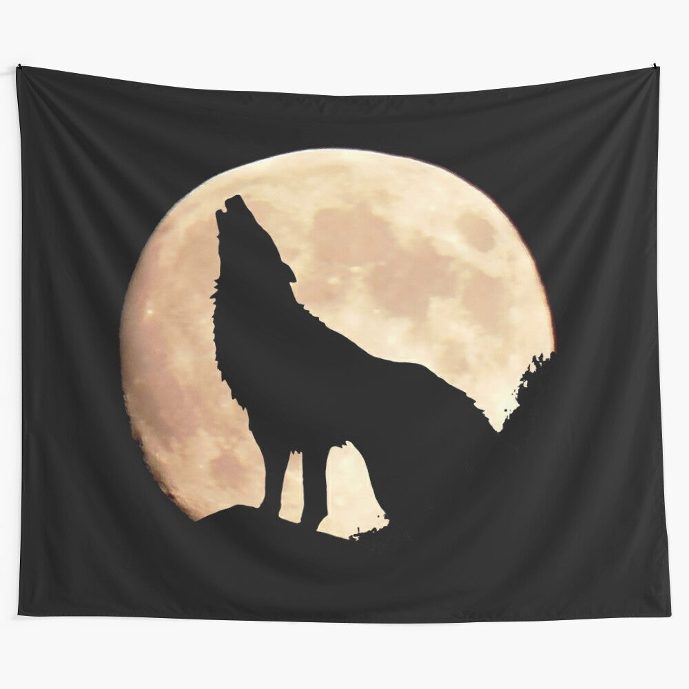 Stunning tapestry featuring a wolf silhouette against a moonlit sky