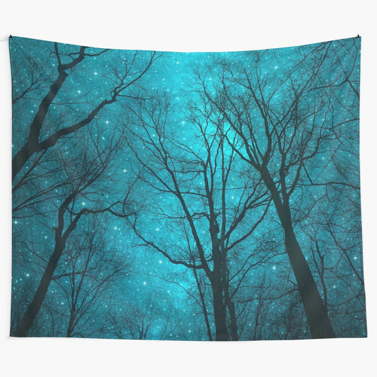 Tapestry featuring a surreal night sky with stars, nebulae, and abstract tree silhouettes