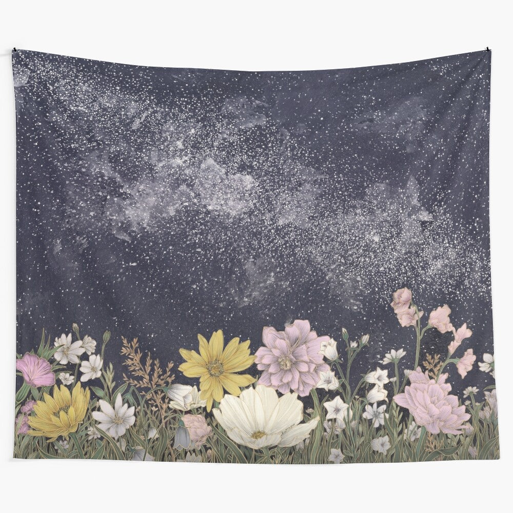 Enchanting galaxy and floral tapestry featuring a cosmic, whimsical design