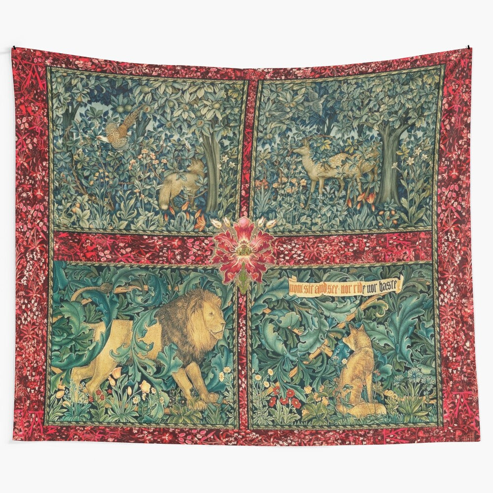 Vintage-inspired tapestry featuring a forest scene with a lion, fox, pheasant, and deer surrounded by lush green foliage and red floral elements