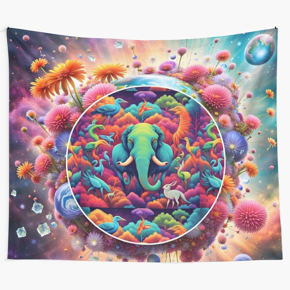 Colorful and abstract animal kingdom tapestry depicting a vibrant and surreal landscape