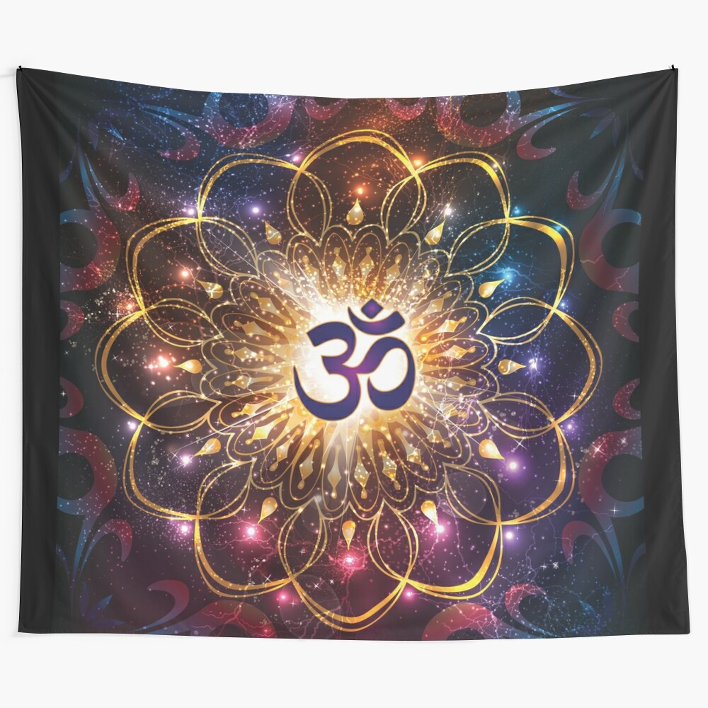 Sacred geometry tapestry featuring the om symbol and mandala design