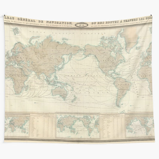 Vintage-inspired world map tapestry showcasing historical cartography