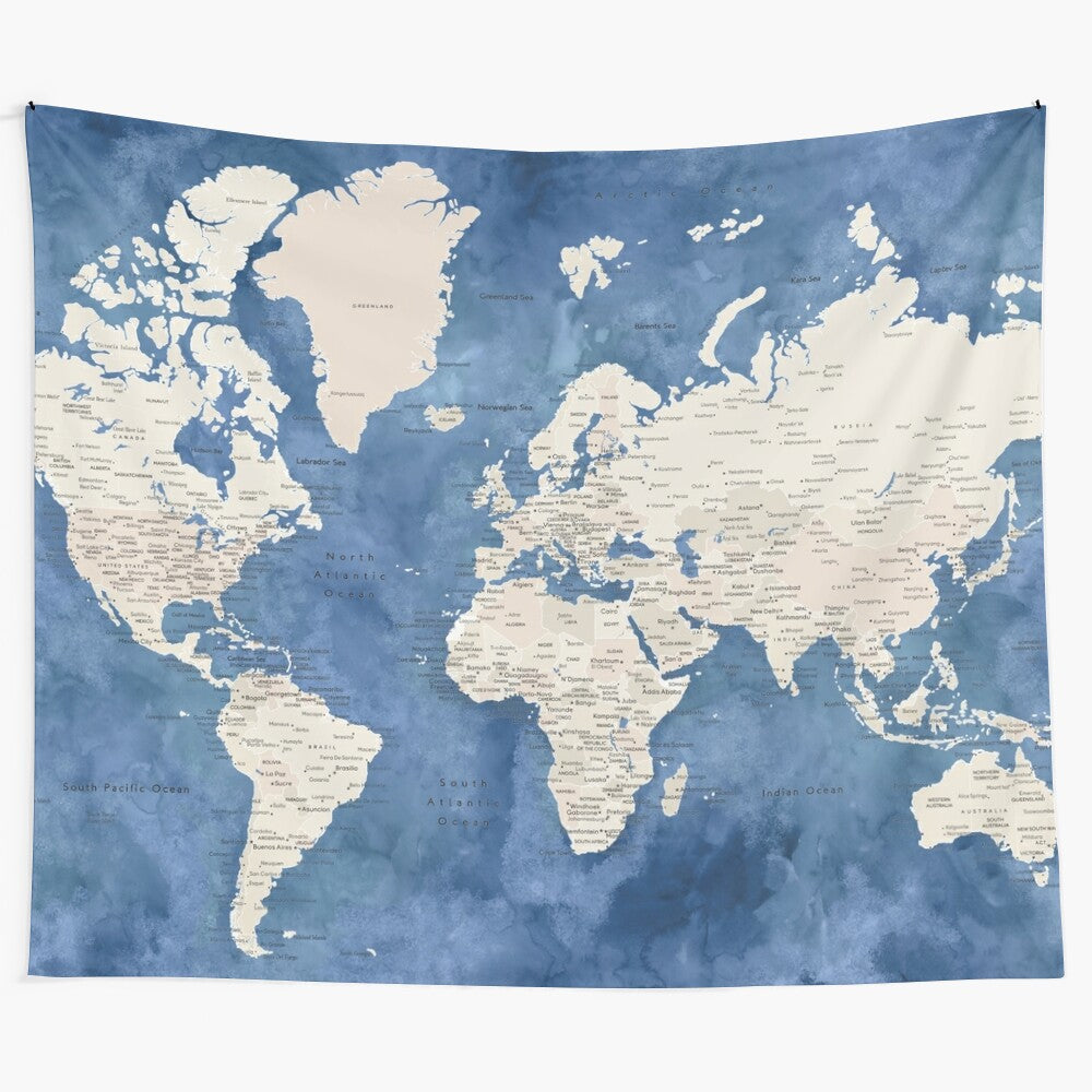 Navy blue and neutral watercolor world map tapestry