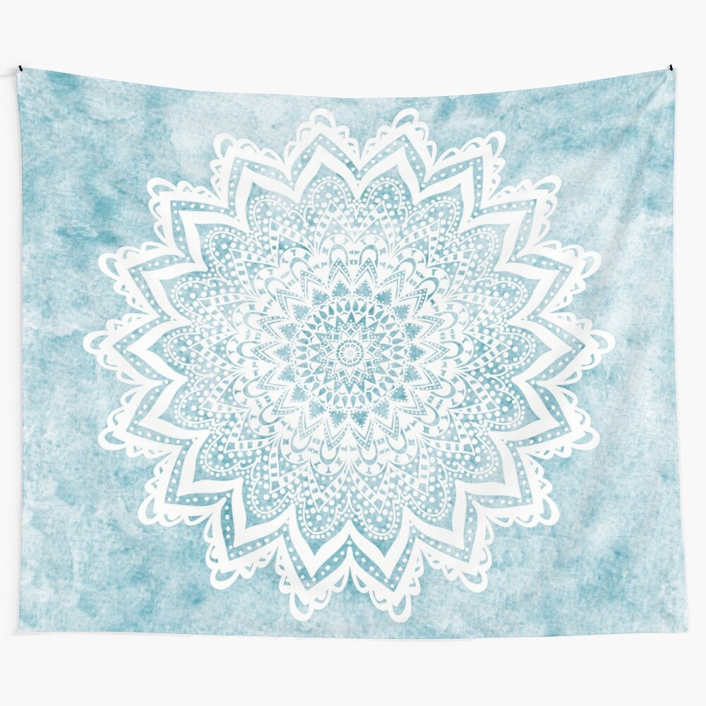 Light blue mandala tapestry with a bohemian, savanah-inspired design