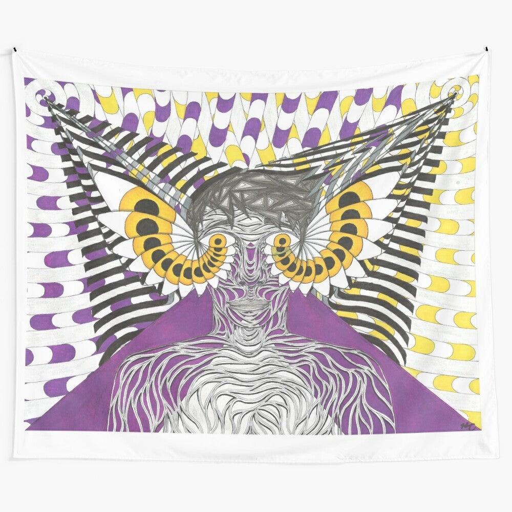 Duality tapestry featuring an abstract, psychedelic design with contrasting figures and fractals