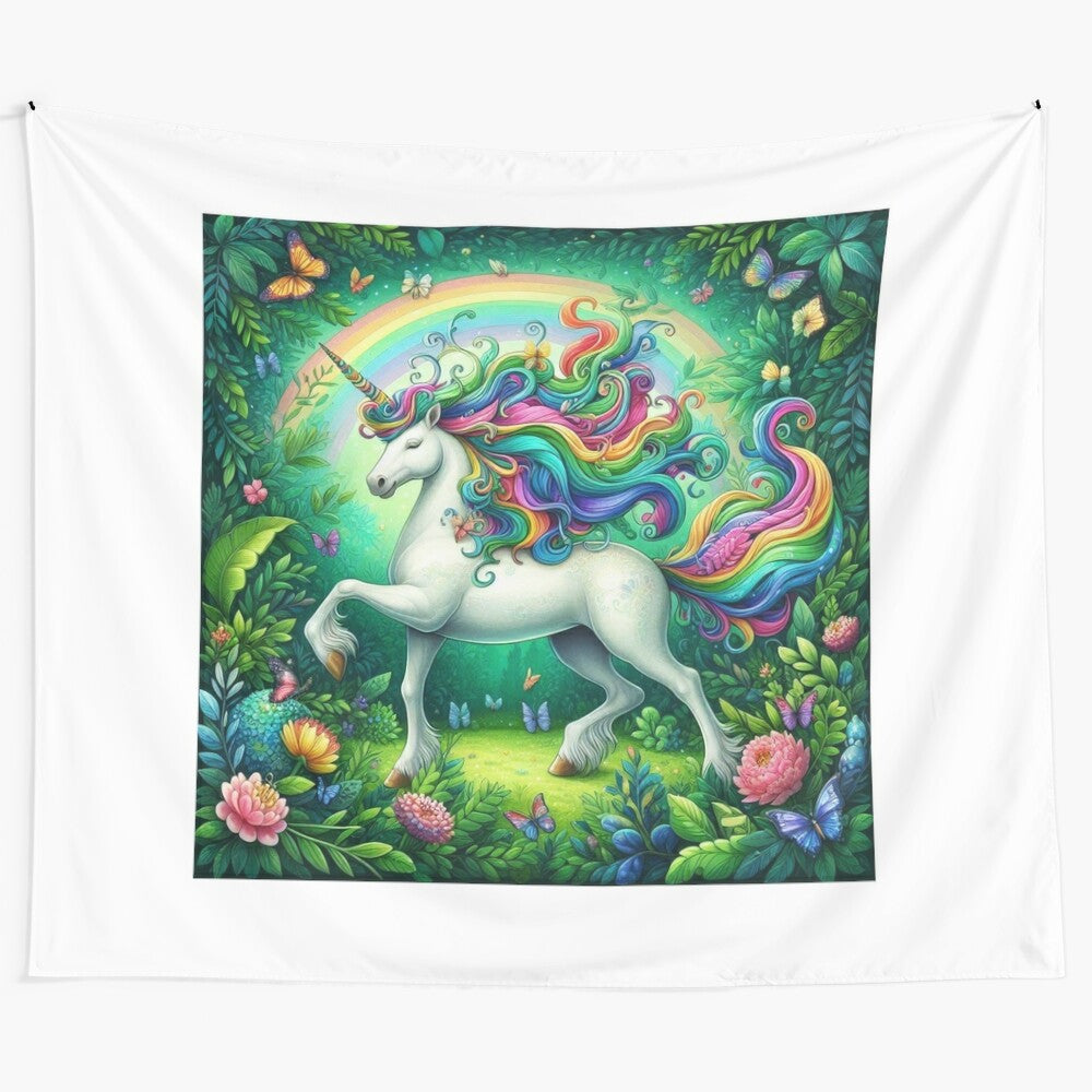 Vibrant tapestry featuring a whimsical unicorn in a lush flower garden, perfect for fantasy lovers