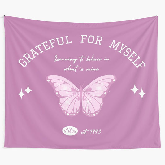 Grateful butterfly tapestry with motivational Ari-inspired design