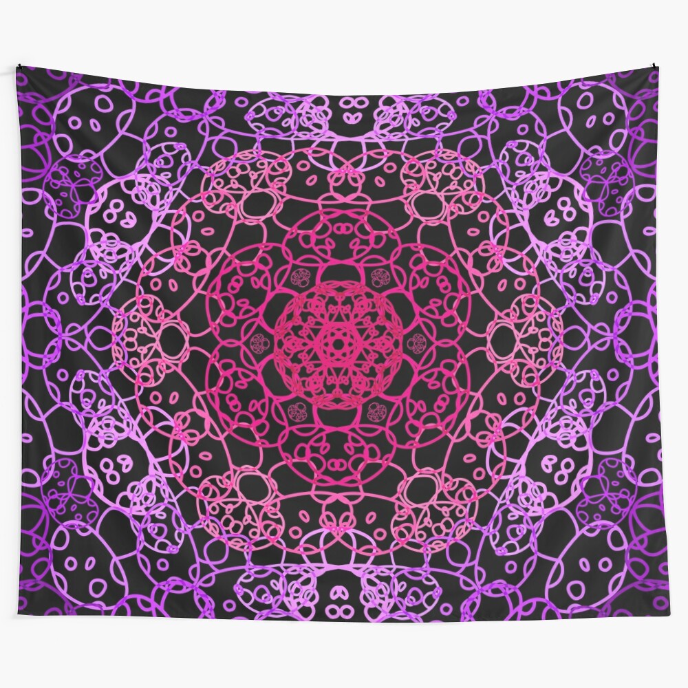 Psychedelic tapestry featuring a cursed kaleidoscope pattern with vibrant pink mushrooms against a colorful alien landscape background