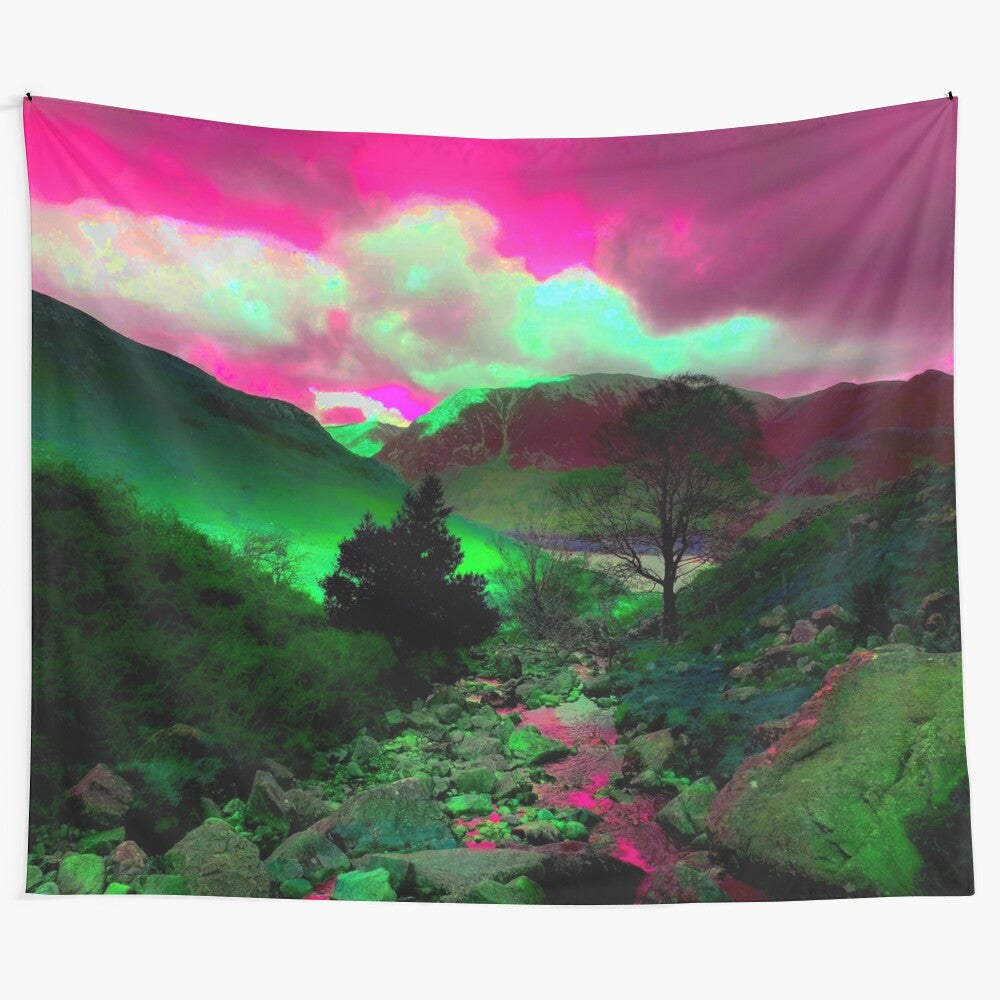 Colorful and vibrant acid mountains tapestry featuring a psychedelic landscape