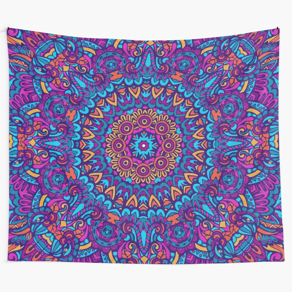 Mandala floral tapestry digital artwork featuring lotus and stained glass design