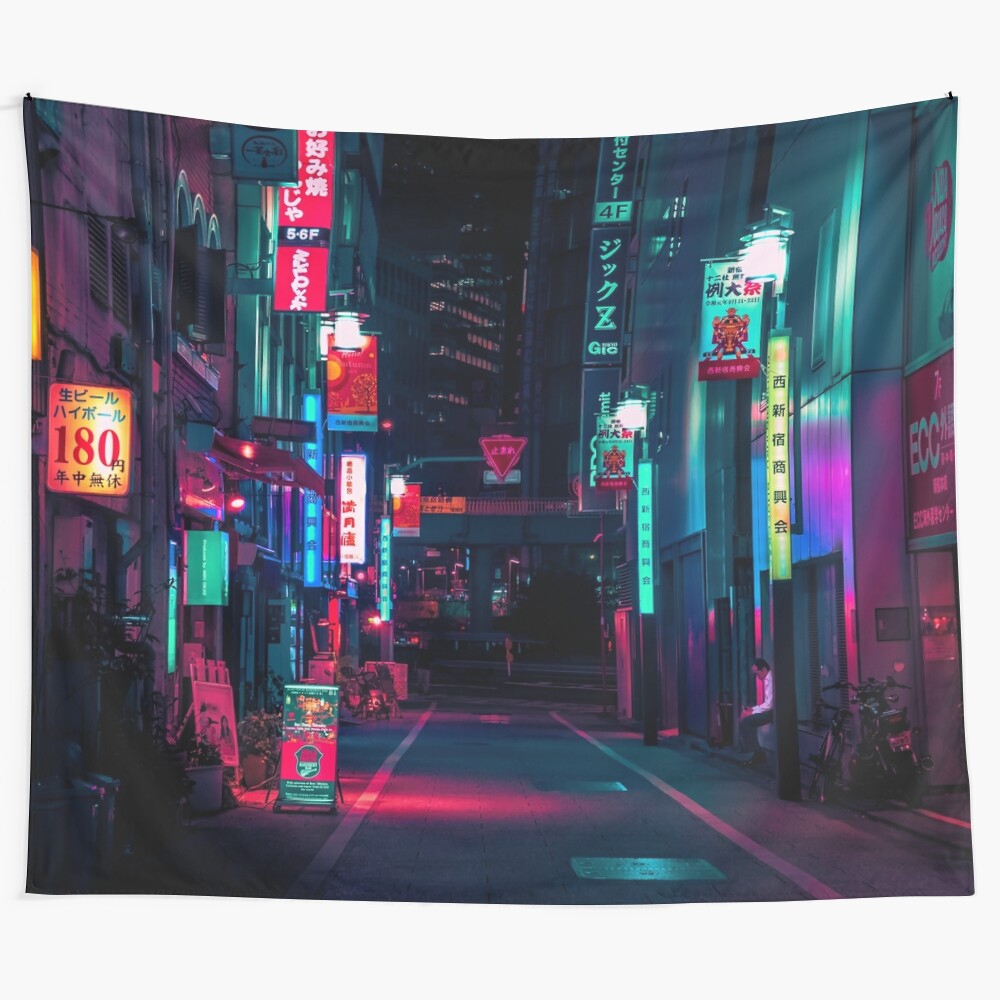 Neon signs tapestry featuring futuristic cityscapes and cyberpunk elements