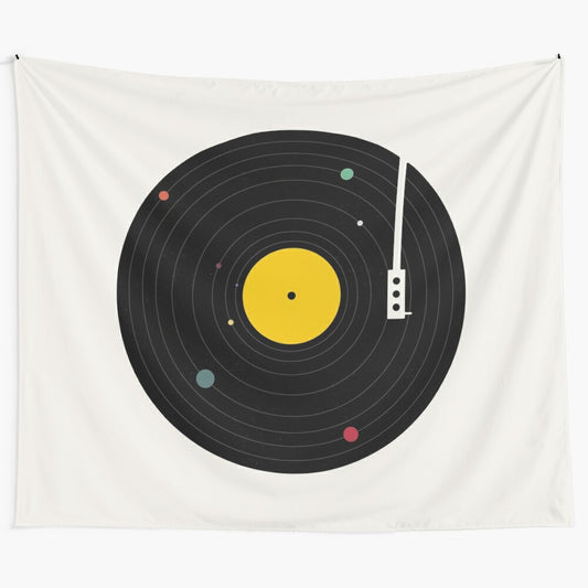 Cosmic music tapestry featuring a retro vinyl record player and planets in the solar system