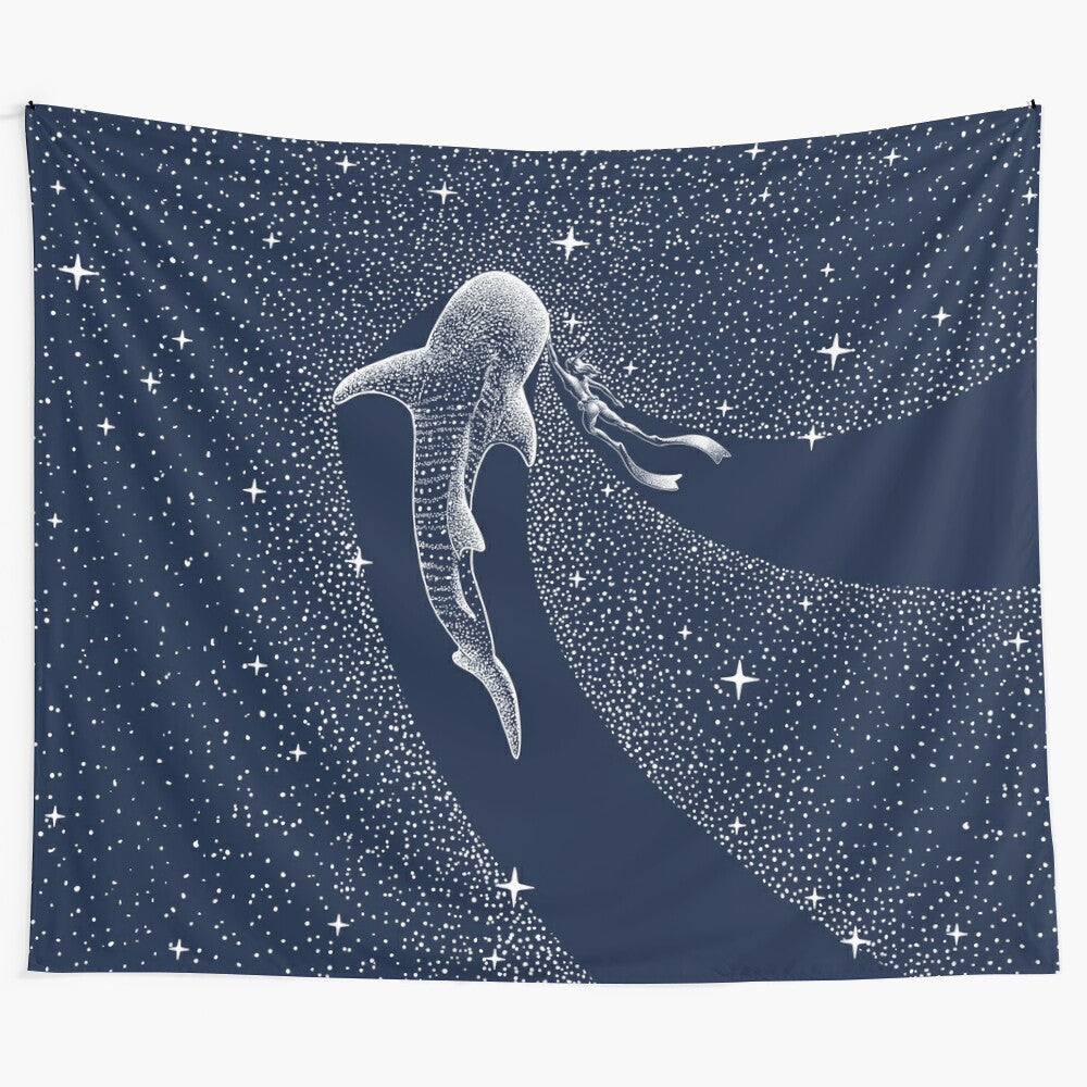 Whale shark and diver tapestry against a backdrop of stars and space