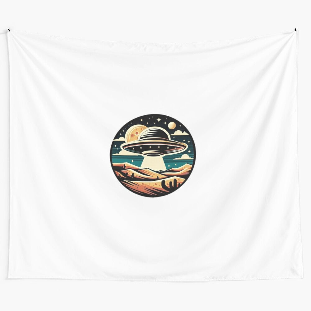 Cosmic desert UFO encounter tapestry featuring a night sky with a flying saucer over a desert landscape