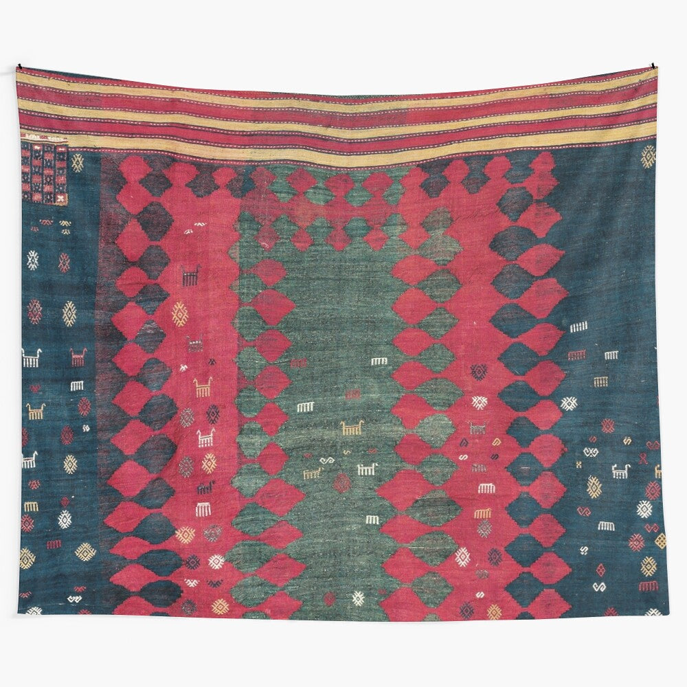 Azeri Shadda Antique South Caucasus Azerbaijan Kilim Print Tapestry for Boho Home Decor